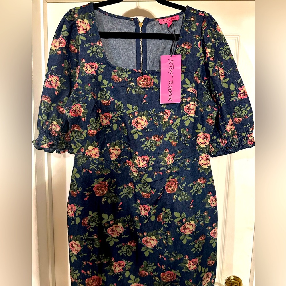 BETSEY JOHNSON-Power Sleeve Corset Printed Denim Dress